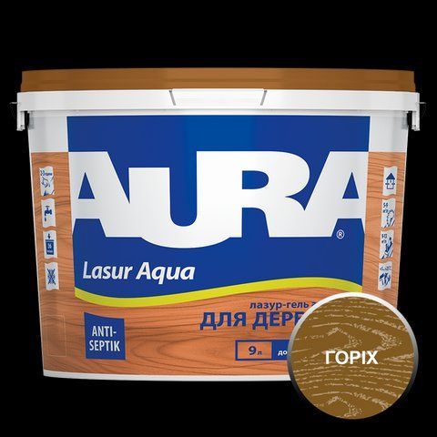 Лазур - лак акриловий Aura Lasur Aqua для деревини горіх 9л 2571707698 фото